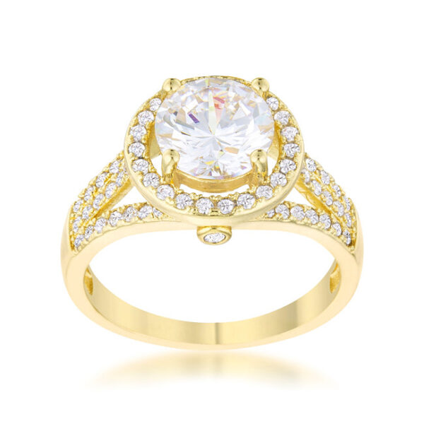 Gold tone over lead free alloy (brass) classic ring with round cubic zirconia in prong settings and a 2mm band.