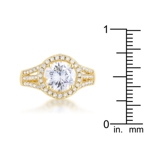 Round 1.15 mm cubic zirconia in prong settings on a classic ring with a gold tone over lead free alloy (brass) finish.
