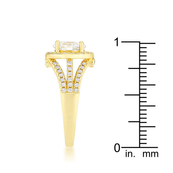 Prong settings hold round cubic zirconia on a gold tone classic ring.