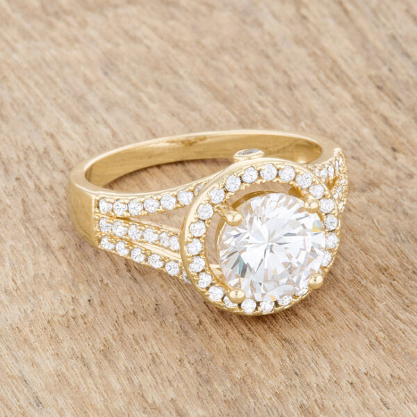 2mm classic ring with round cubic zirconia in prong settings and a gold tone over lead free alloy (brass) finish.