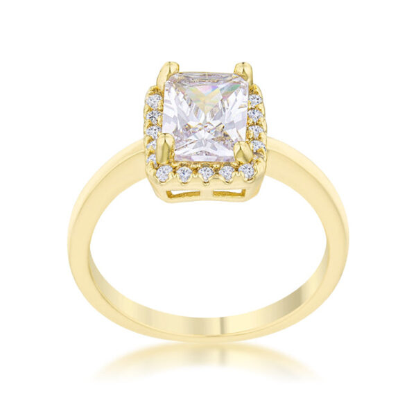 Classic cocktail ring in gold tone over lead free alloy (brass) with round cubic zirconia in pave and a 2mm width.