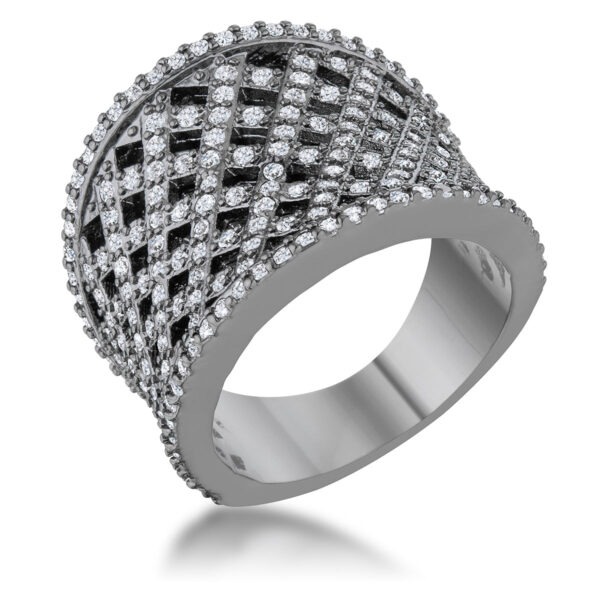 Woven-style ring in gunmetal/hematite plated over lead free alloy (brass) with round pave-set cubic zirconia