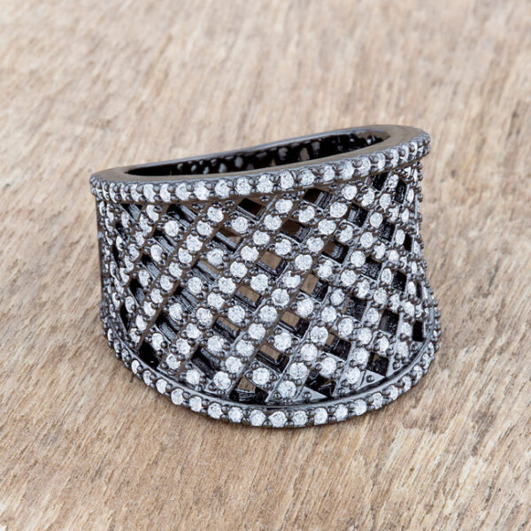 Woven-style cubic zirconia ring in gunmetal/hematite plated over lead free alloy (brass)