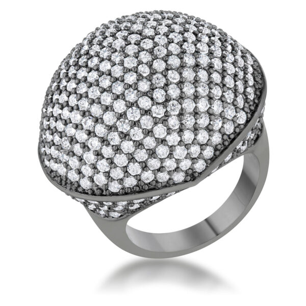 Round cubic zirconia pave dome cocktail ring, gunmetal/hematite plated over lead free alloy (brass)