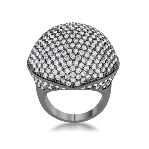 Dome cocktail ring with round cubic zirconia in a pave setting and gunmetal/hematite plated over lead free alloy (brass)