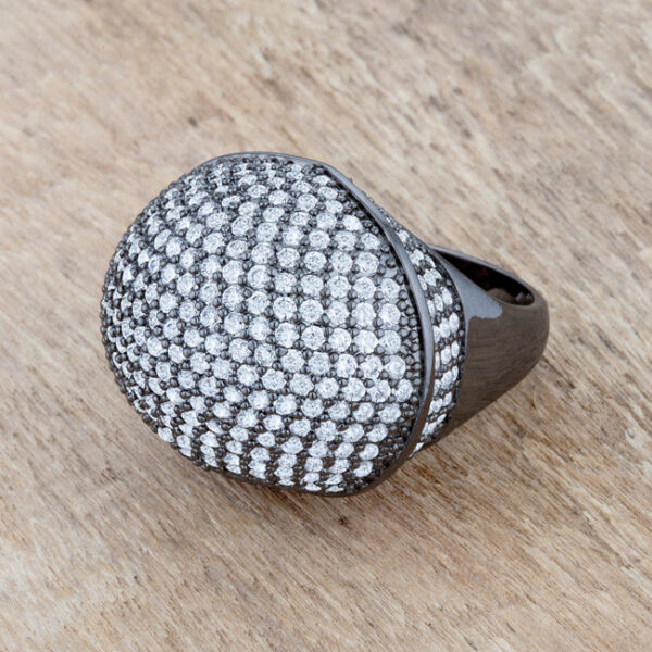 4 mm dome ring in gunmetal/hematite plated over lead free alloy (brass), with round cubic zirconia in a pave setting