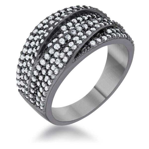 Round clear cubic zirconia pave cocktail ring in gunmetal/hematite plated over lead free alloy (brass).