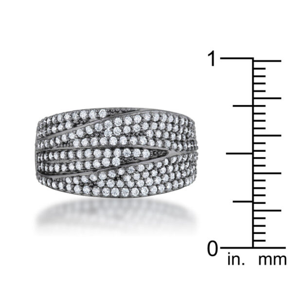 Round clear 1.25mm cubic zirconia in a pave setting on a gunmetal/hematite plated over lead free alloy (brass) ring.