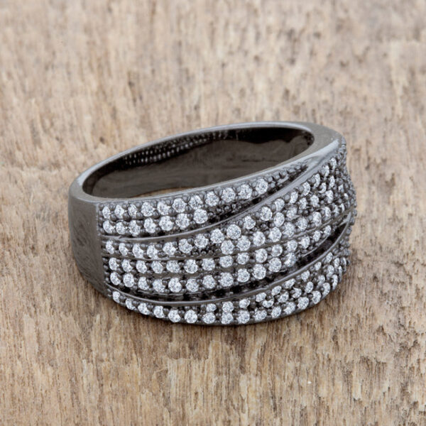 Gunmetal/hematite plated over lead free alloy (brass) cocktail ring with round clear cubic zirconia.