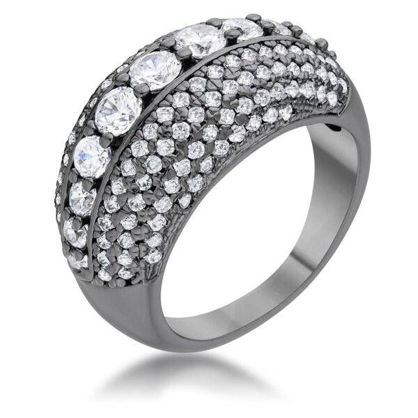 Contemporary cocktail ring with round 1.15 Mm cubic zirconia in a pave setting, gunmetal/hematite plated over lead free alloy (brass).