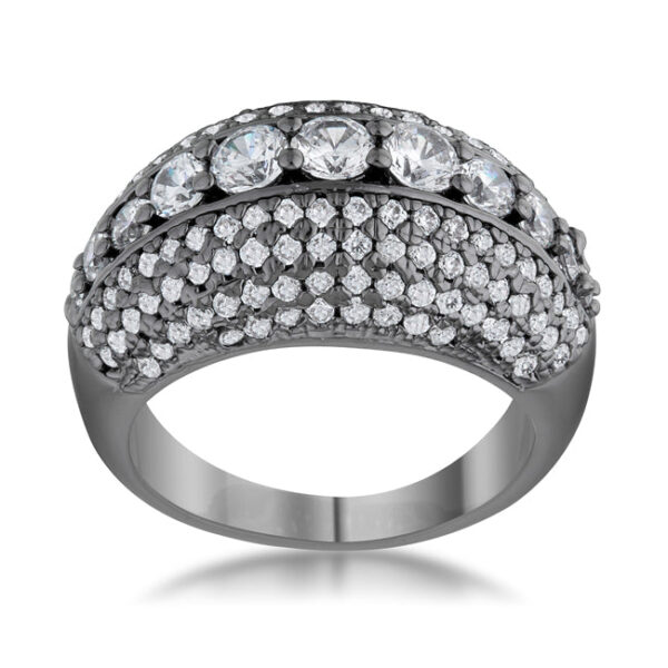 Gunmetal/hematite plated over lead free alloy (brass) cocktail ring with round cubic zirconia in a pave setting.