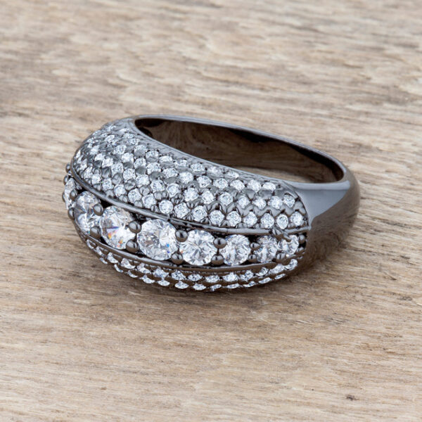 Gunmetal/hematite plated over lead free alloy (brass) ring with pave-set round cubic zirconia.