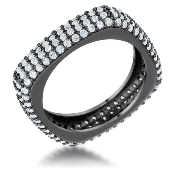 Contemporary square band ring in gunmetal/hematite plated over lead free alloy (brass) with pave-set round cubic zirconia