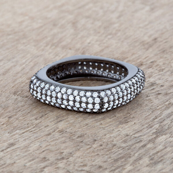 Gunmetal/hematite plated over lead free alloy (brass) contemporary square band ring with pave-set cubic zirconia.