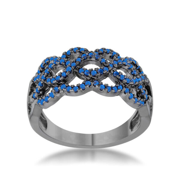 Twist ring in gunmetal/hematite plated over lead free alloy (brass) with round, pave-set sapphire-colored cubic zirconia.