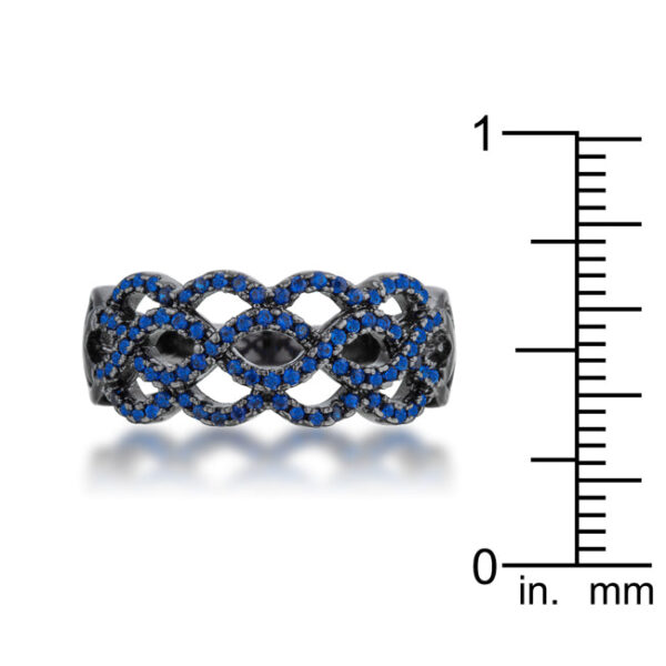 2.5mm twist ring in gunmetal/hematite plated over lead free alloy (brass) with round sapphire-colored cubic zirconia in a pave setting.