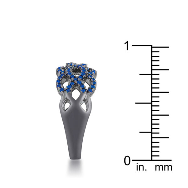 Round 1 mm sapphire-colored cubic zirconia in a pave setting on the twist ring.