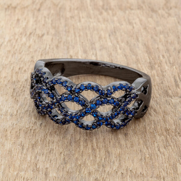 Twist ring in gunmetal/hematite plated over lead free alloy (brass) with 0.4 ct total carat weight of sapphire-colored cubic zirconia.