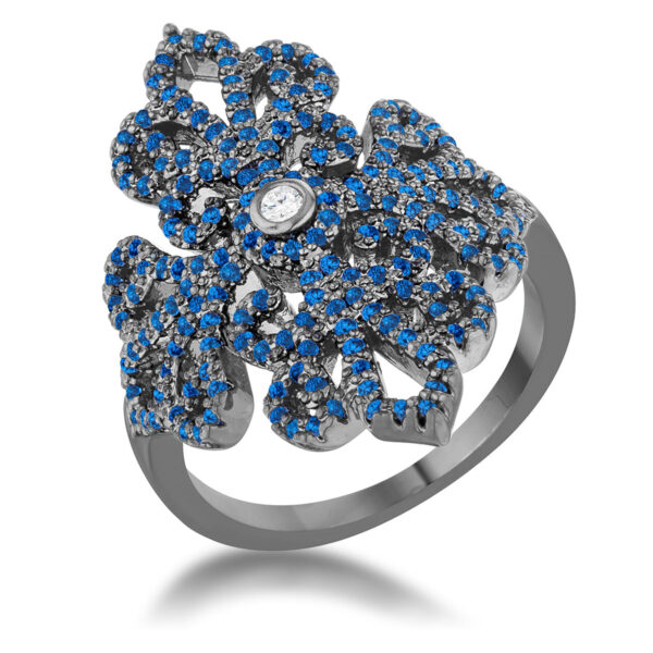 Filigree cocktail ring in gunmetal/hematite plated over lead free alloy (brass) with round sapphire-colored cubic zirconia in pave