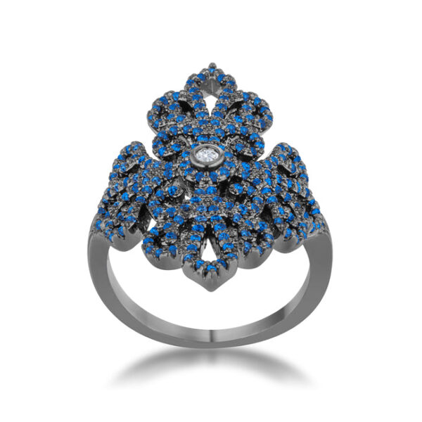 2 Mm filigree cocktail ring in gunmetal/hematite plated over lead free alloy (brass) with round sapphire-colored cubic zirconia in pave