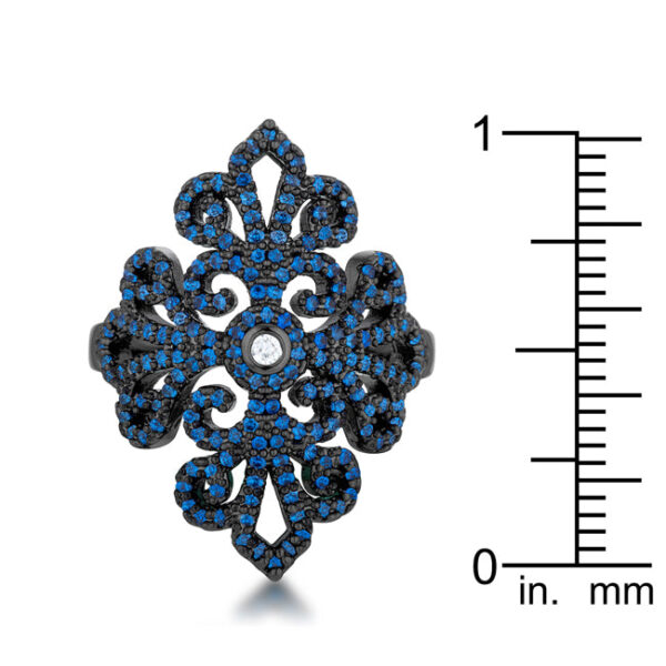 Round sapphire-colored cubic zirconia stones in pave on a filigree cocktail ring, gunmetal/hematite plated over lead free alloy (brass)