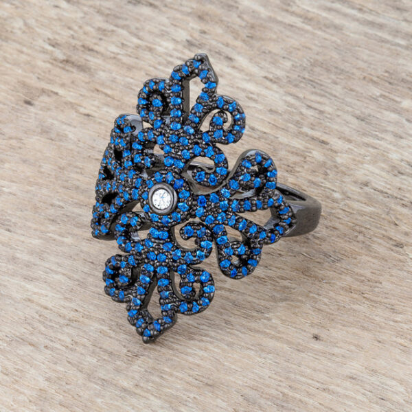 Cocktail ring with a 2 Mm band, sapphire-colored cubic zirconia in pave, and gunmetal/hematite plated over lead free alloy (brass)