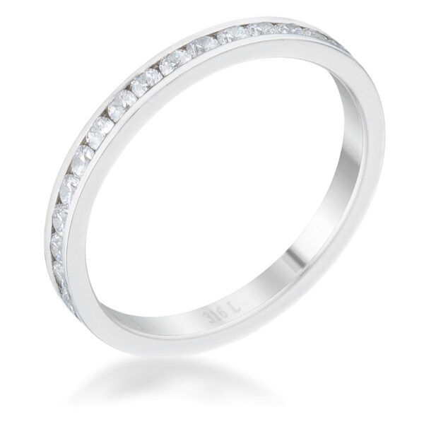 Clear round cubic zirconia eternity band in silver tone over stainless steel with a channel setting.