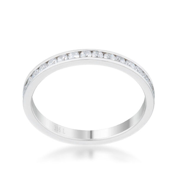 2 Mm clear cubic zirconia eternity band in silver tone over stainless steel.