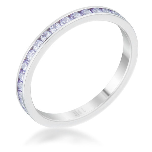 Round lavender cubic zirconia channel-set 2 Mm eternity band in silver tone over stainless steel