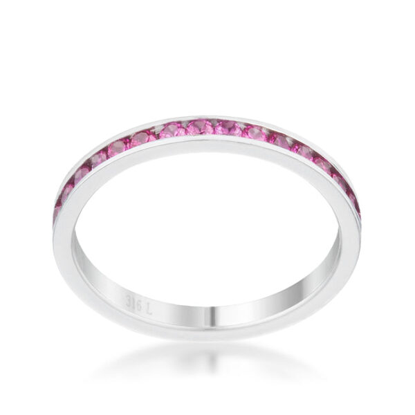 Silver tone over stainless steel eternity band, 2 Mm wide, with channel-set round ruby-colored cubic zirconia.