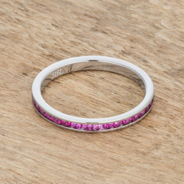 Round 1.5 (mm) ruby-colored cubic zirconia in the channel setting of a silver tone over stainless steel eternity band.