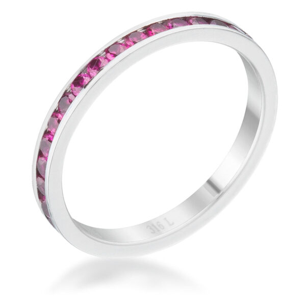 Classic eternity band with round garnet-colored cubic zirconia in a channel setting and a plated finish in silver tone over stainless steel.