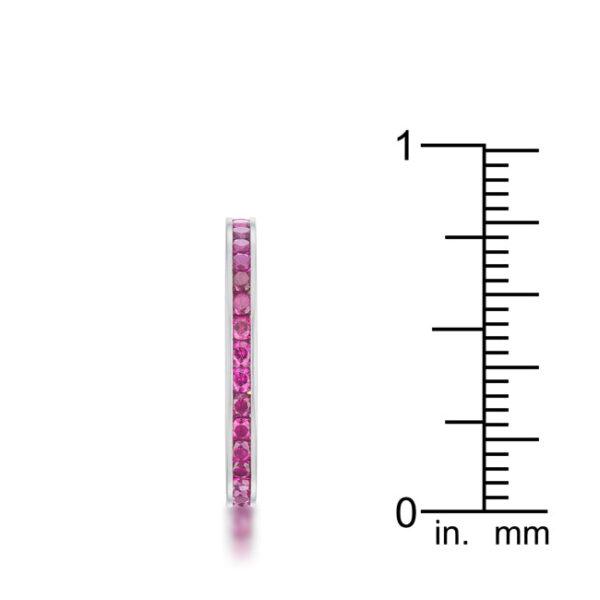 Channel-set round garnet-colored cubic zirconia on a 2 Mm band with a plated finish in silver tone over stainless steel.