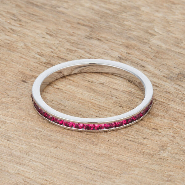 Round garnet-colored cubic zirconia channel set in an eternity band with a plated finish in silver tone over stainless steel.