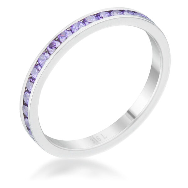 Silvertone plated eternity band with round amethyst-colored cubic zirconia set in a channel around the band