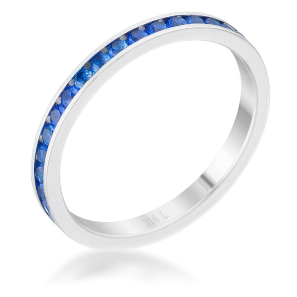 Round sapphire-colored cubic zirconia channel setting eternity band in silver tone over stainless steel.