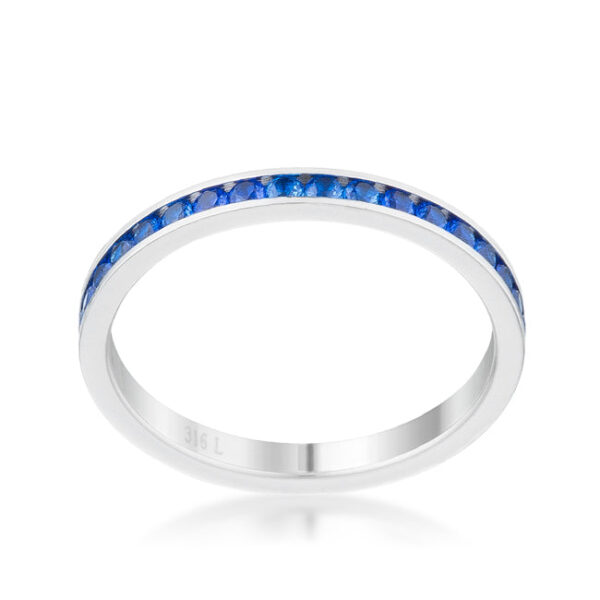 2 Mm contemporary eternity band in silver tone over stainless steel with sapphire-colored cubic zirconia.