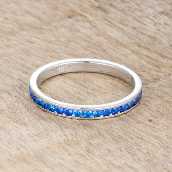 Classic eternity band with 1.5 (mm) round sapphire-colored cubic zirconia in a channel setting.