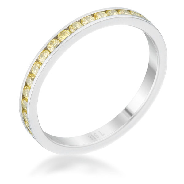 Round jonquil cubic zirconia channel-set eternity band in silver tone over stainless steel.