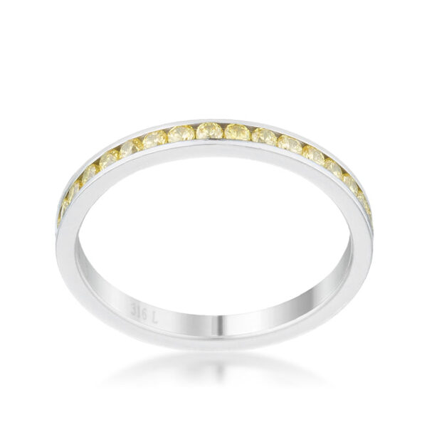 Classic, contemporary eternity band in silver tone over stainless steel with round cubic zirconia.