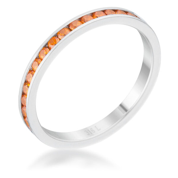 Round orange cubic zirconia channel-set eternity band in silver tone over stainless steel.