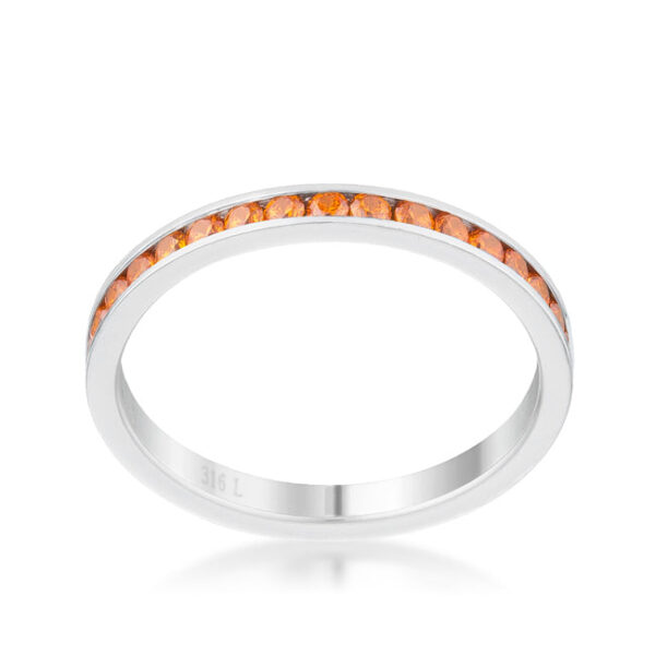 2 Mm orange cubic zirconia eternity band in silver tone over stainless steel.