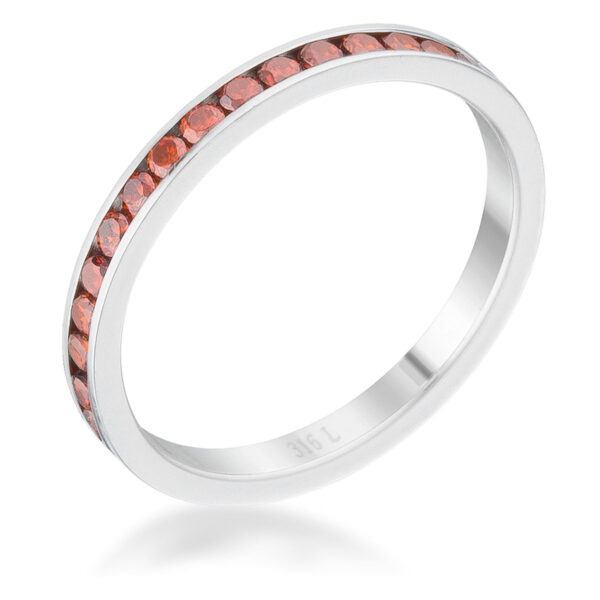 Round dark champagne cubic zirconia channel set in a 2 Mm silver tone over stainless steel eternity band.