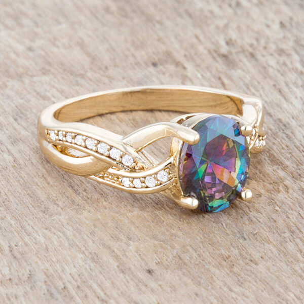 Pave-set round cubic zirconia classic oval ring in gold tone over lead free alloy (brass).