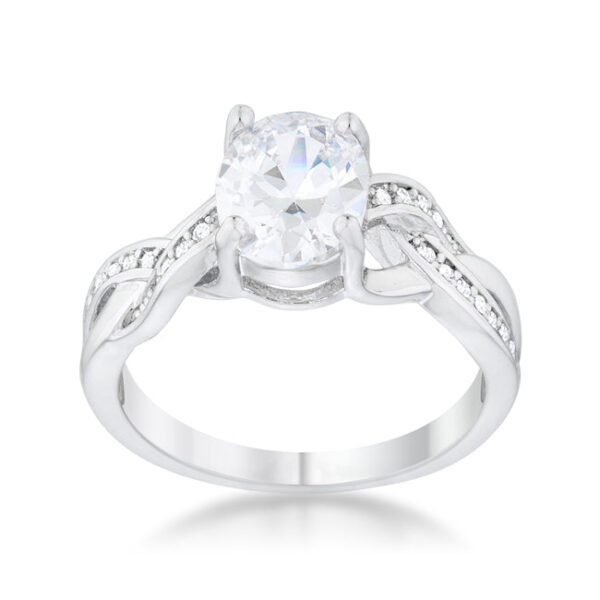 Round cubic zirconia pave ring with a classic oval design and rhodium plated over lead free alloy (brass).