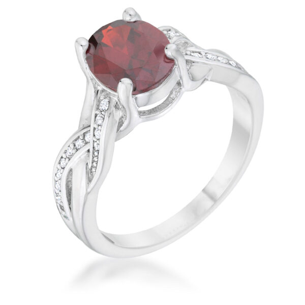 Classic oval ring, rhodium plated over lead free alloy (brass), with round garnet-colored cubic zirconia in a pave setting.