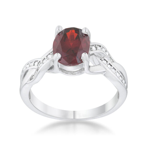 2 Mm classic oval ring with round garnet-colored cubic zirconia in a pave setting.