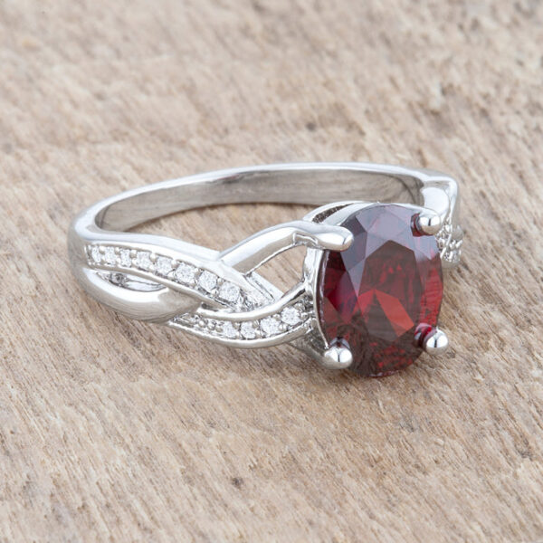 Classic oval ring with 2 ct total carat weight of round garnet-colored cubic zirconia in pave setting.