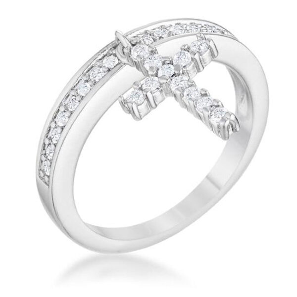 Cross charm ring with round cubic zirconia in a channel setting, rhodium plated over lead free alloy (brass).