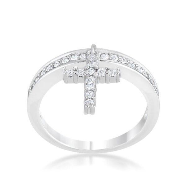 Cross charm ring with a 2.25mm band and round cubic zirconia in a channel setting.